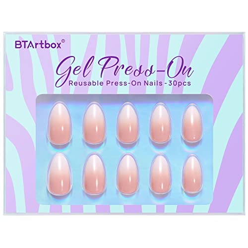 Almond Press On Nails Medium - BTArtbox Soft Gel Ombre Fake Nails with Nail Glue, Fit Perfectly & Natural Reusable Semi-Transparent Glue On Nails in 16 Sizes - 32PCS Stick On Nails Kit, Vanilla Cream Almond