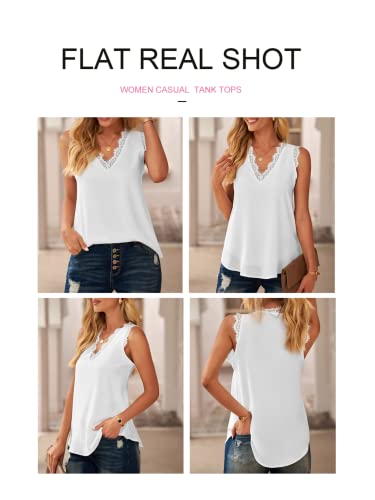 BLENCOT Women Lace Trim Tank Tops V Neck Fashion Casual Sleeveless Blouse Vest Shirts Small A White