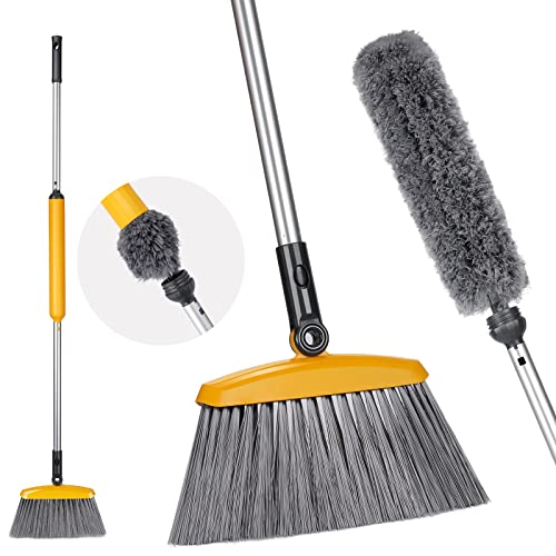 Broom and Duster Set, 2 in 1 Indoor Broom with Microfiber Duster, Long Thickened Handle Broom with 180 ° Rotating Head for Floor Cleaning, Bendable Duster for Ceiling Fan High Ceiling Blinds Cleaning
