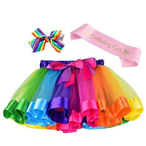 Toycost Layered Rainbow Tutu Skirt Costumes Set with Hair Bows Clips and Satin Sash for Girls Birthday Party Dress up