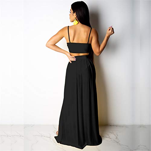 Women Sexy 2 Piece Outfits Dress Chiffon Strap Deep V Neck Bra Crop Top High Split Maxi Dresses Skirt Set Black XL