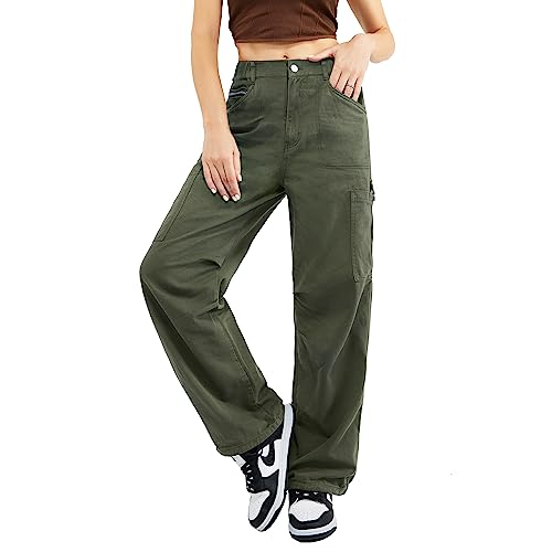 Znyeth Cargo Pants Women High Waist Baggy Jeans with 7 Pockets Casual Wide Leg Y2K Pants for Womens Combat Military Work Pants Army Green 3XL