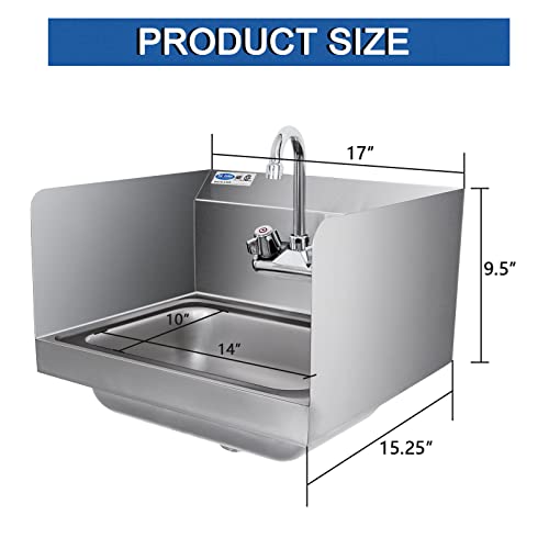HARDURA Stainless Steel Hand Washing Sink with Side Splash and Gooseneck Faucet, NSF Commercial Wall Mount Hand Sink For Restaurant, Kitchen, Home,17X15 Inches