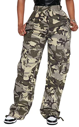 Camo Cargo Pants Women High Waisted Baggy Straight Leg Relaxed Fit Jeans Y2K Fashion Hiking Pants Rave Outfits Streetwear with 6 Pockets Green Camo M