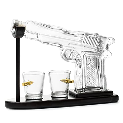 Gifts for Men Dad Whiskey Decanter Set 9 Oz with Two 2 Oz Glasses, Pistol Gun Unique Birthday Gift Ideas Daughter Son, Home Bar Gifts, Drinking Accessories Funny Military Present Cool Dispenser