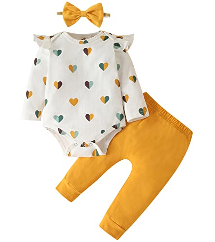 Fullfamous Baby Girl Clothes Gifts Outfits,Fall Winter Long Sleeve Romper and Pant Set Yellow Heart 3-6 months