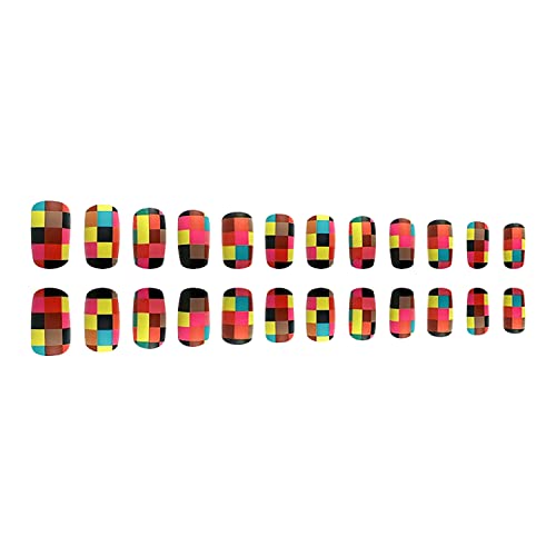 Press on Nails Medium Square Fake Nails Full Cover False Nails with Colorful Mosaic Designs Matte False Nails with Nail Glue Acrylic Nails Artifiical Nails for Women Girls 24 Pcs