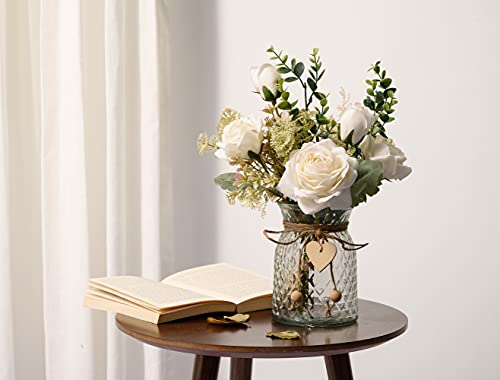 YJ Fake Flowers with Vase, Silk Roses Artificial Flowers in Vase, Faux Flower Arrangement with Vase Suitable for Home Office Decoration, Dining Table Centerpiece(White)