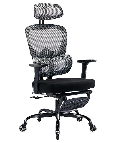 Ergonomic Office Chair with Foot Rest, Rubber Wheels Desk Chair with Lumbar Support, Adjustable Headrest & 3D Armrest, Mesh Computer Chair for Adults, Reclining Home Office Chair BlackGray