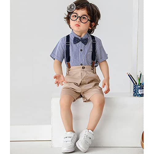 Baby Boys Gentleman Outfits Suits, Infant Blue Shirt+Bib Shorts+Tie+Suspenders Clothing Set,6-9M