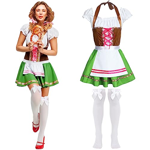 Newcotte 2 Pcs Oktoberfest Costumes Outfit for Beer Girl Women 1 German Bavarian Dirndl Velvet Lace up Dress 1 Bow High Socks (Medium)