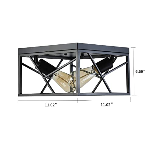 Modern Black Flush Mount Light Fixture Two-Light Industrial Metal Square Semi Flush Mount Ceiling Light for Hallway Bedroom Kitchen Entryway Farmhouse Dining Room