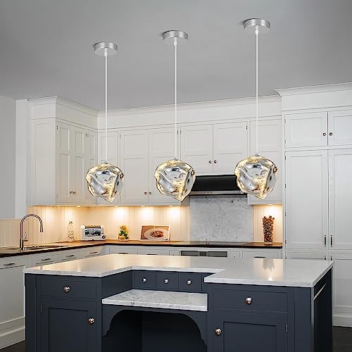 LBSQJ Modern Chrome Pendant Lights Kitchen Island Mini Hanging Light Fixtures Glass Creative Irregular Imitation Stone Shape Chandelier for Dinning Room Kitchen Bedroom Bar Foyer Farmhouse(1 Pack)