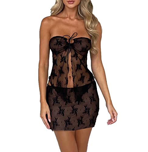 Two Piece Mini Skirt Set for Women Y2k Sexy Going Out Outfit Fairy Tube Top Skirts Cute 2 Piece Matching Sets (as1, alpha, s, regular, regular, A Black)