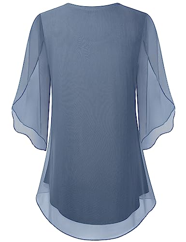 SeSe Code Chiffon Blouses for Women Business Casual,Womens Blouses and Tops Dressy Half Sleeve Shirts Crew Neck Elegant Tops Summer Trendy 2022 Blue Grey XL