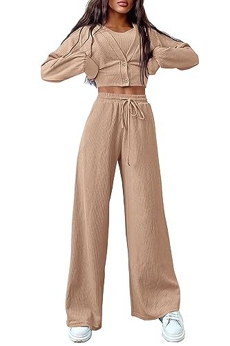 PRETTYGARDEN Womens 2023 Fall Track Suits 3 Piece Outfits Matching Sets Ribbed Knit Cardigan Cropped Tank Tops Wide Leg Pants (Khaki,Small)