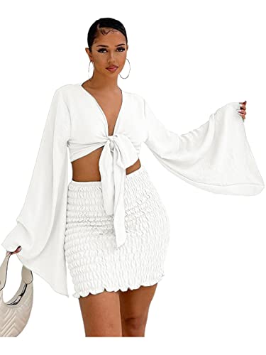 LYANER Women's 2 Piece Outfits Tie Knot Front Bell Long Sleeve Crop Top and Mini Skirt Set White Medium