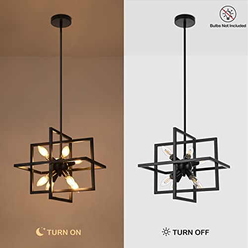 Yiisem Modern Small Metal Black Chandeliers, 8-Light Geometric Pendant Light Fixture, Industrial Lantern Hanging Chandelier for Kitchen, Dining Room, Foyer, Entryway