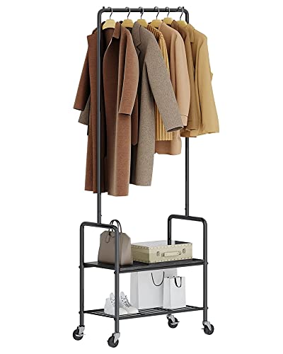 Labonida Rolling Clothing Rack - Space-Saving Clothes Rack on Wheels - Portable Hanging Storage Organizer with 2 Shelves - Sturdy Metal Garment Rack for Home & Business (Black, Industrial Style)