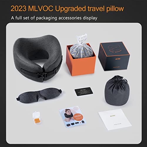 MLVOC Travel Pillow Memory Foam Neck Pillow, Adjustable Comfort Breathable Cover, Airplane Travel Set with 3D Sleep mask, Earplugs Box, for Airplane, Car, Office, Home (Full Black)