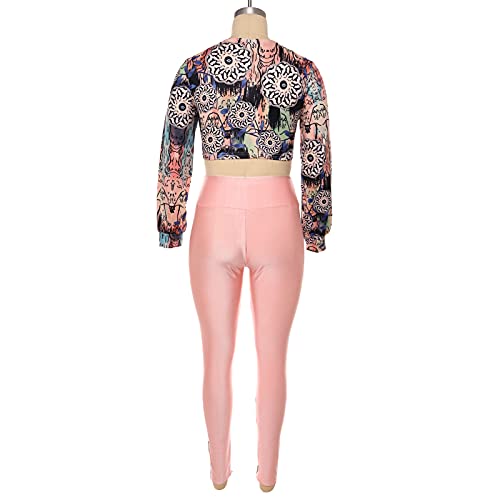 Women's Sexy 2 Piece Outfits Clubwear Long Sleeve Crop Top Skinny Long Pants Set Bodycon Club Jumpsuit Pink M