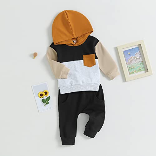 Baby Boys Clothes 3 6 9 12 18 24M 3T Pants Set Hooded Patchwork Hoodie Sweatpants Fall Winter Outfits (A-Black, 6-12 Months)