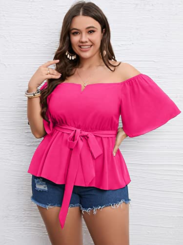 SCOMCHIC Women's Plus Size Off The Shoulder Peplum Blouse Top Half Bell Sleeve Tie Waist Ruffle Hem Babydoll Tops Rose Red