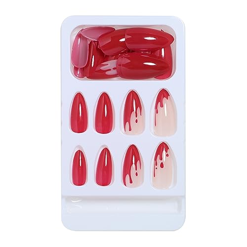 Halloween Press on Nails Almond, LPOONNDU Blood Press on Nails Halloween Medium Fake Nails, Glossy Red Glue on Nails for Women - 24Pcs Medium Almond Halloween False Nails Set