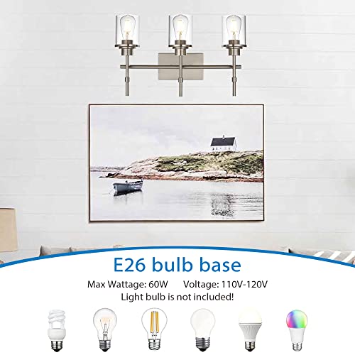 MELUCEE Bathroom Light Fixtures Over Mirror 3 Lights, Modern Vanity Lighting Brushed Nickel Finish, Indoor Wall Mount Lamp with Clear Glass Shade for Living Room Dining Room Kitchen