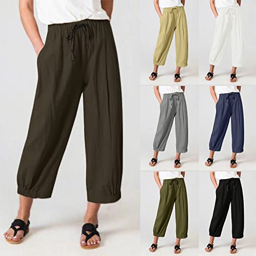 TBA Women's Casual Pants Summer Wide Leg Capris Drawstring Elastic High Waist Cotton Cropped Trousers with Pockets Brown