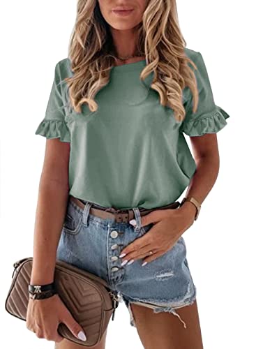PRETTYGARDEN Women's Short Sleeve Casual T Shirts Summer Ruffle Plain Round Neck Loose Fit Tee Blouse Tops (Green,Large)