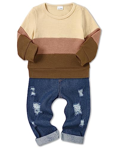 CARETOO Toddler Baby Boy Clothes Infant Outfits Boys Fall Winter Clothing Long-sleeved Top Jeans Pants Set 12M-5T (Apricot,2-3Years)