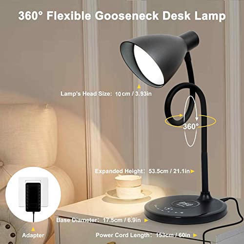 Desk Lamp, Reading Lamp with USB Charging Port 15W Fast Wireless Charger 5 Lighting Modes 7 Brightness Dimmable Eye Care Touch Bedside Table Lamp Gooseneck Desk Lamp for Home Office Dorm with Adapter