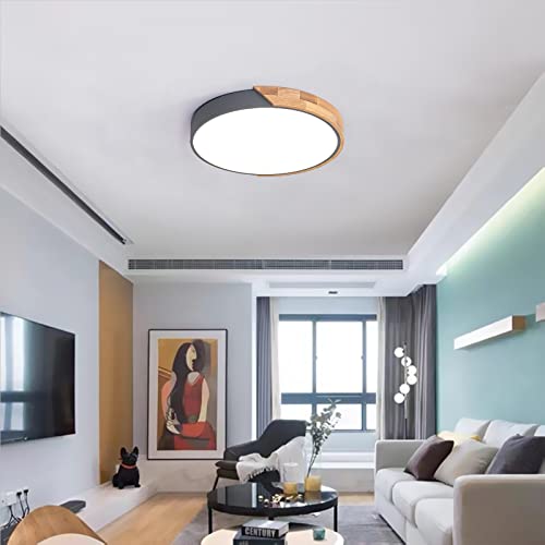 Vikaey Modern LED Ceiling Light, Minimalist Wood Style Flush Mount Ceiling Light Fixture, Circle Lighting Lamp with Acrylic Lampshade for Bedroom Living Room Dining Room Laundry (Grey, 15.8'')