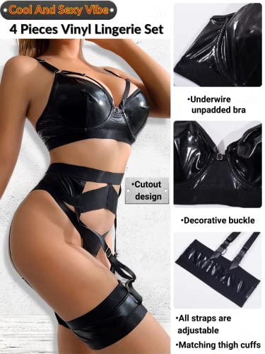 Kaei&Shi Garter Belt Thong Lingerie for Women,Strappy Hollow Out Sexy Lingerie,Underwire Mesh Sheer Matching 4 Piece Lingerie Set Boudoir Black Leather Medium