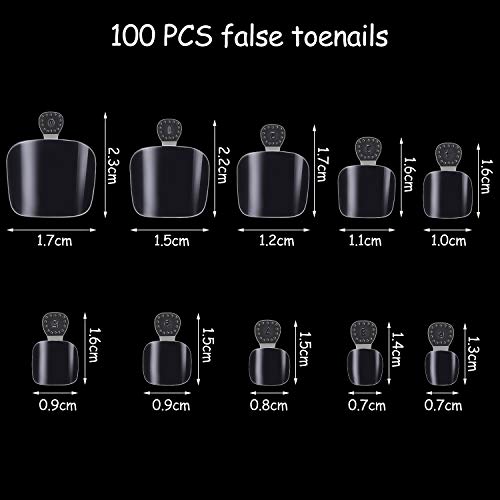 100 Pieces False Toenails Tip with Box, Acrylic Artificial Toenails French Full Cover Toe Art Nails for Women, 10 Sizes for Nail Salon and Foot Decoration (Clear)