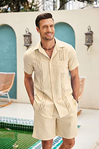 COOFANDY Men's Two Piece Outfits Sets Linen Shirt Cruise Wear Shirt and Shorts Set Khaki