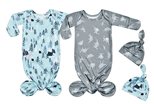 Terriboo Newborn Baby Boy Long Sleeve Sleeper Gown with Mittens Knotted Gown Coming Home Outfit Nightgown Hat Set 2 Pieces (Blue and Green, 0-3 month)