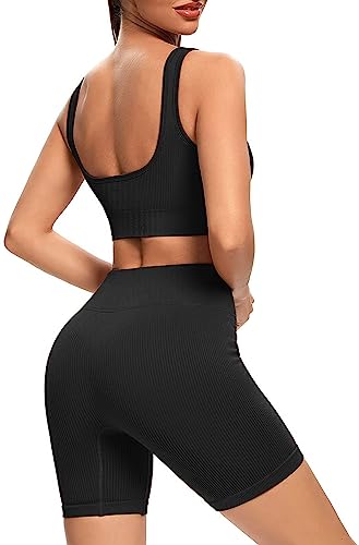 TWFRHC Women's Workout Sets Ribbed Tank 2 Piece Seamless High Waist Gym Outfit Yoga Shorts Sets