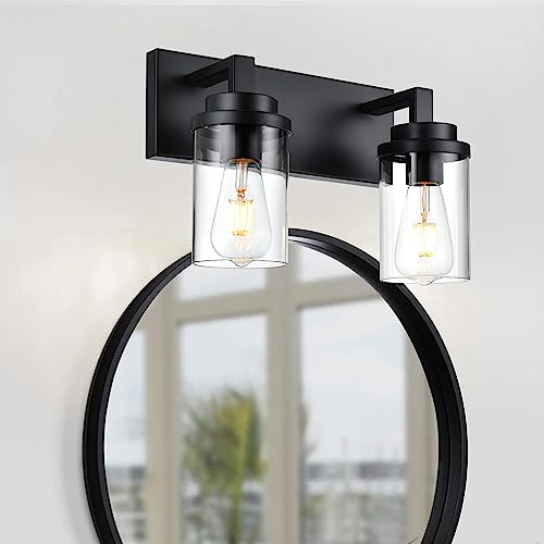 TULUCE 2-Light Vanity Lights, Black Wall Sconces Lighting with Clear Glass Shade Wall Lights for Mirror, Kitchen, Living Room, Gallery, Hallway, E26 Base Bathroom Vanity Lighting