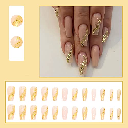 Press on Nails Medium Length Golden Fake Nail Gold Sequins Glossy Nails Design Acrylic Nails Full Cover Stick on Nails for Women and Girls 24Pcs