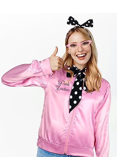 AOTHSO 1950s Pink Satin Jacket with Headband Scarves Earrings Glasses for Women 8 Pieces Halloween Adults Cosplay Costume Set