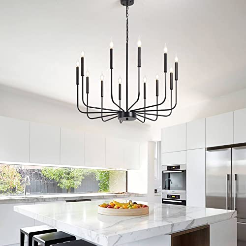 JDfeiFFF Black Chandelier 12 Light Modern Farmhouse Chandeliers for Dining Room Large Size Rustic Candle Chandelier Light Fixtures Ceiling Hanging for Living Room Kitchen Island Hallway Foyer