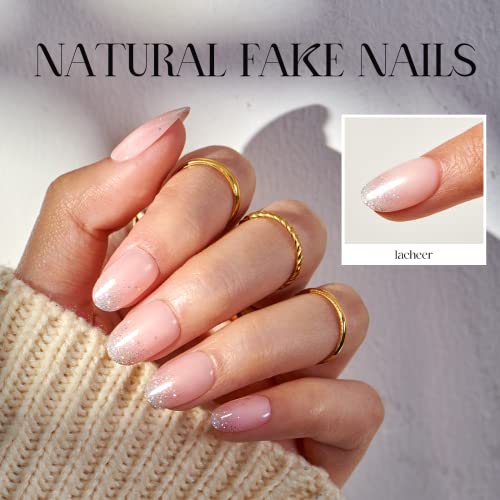 Press on Nails Short Round Nails, Silver French Tip Nude Pink Fake Nails with Design Glitter Oval Full Cover False Nails Reusable Glue on Nails for Women Acrylic Stick on Nails Decoration Gifts, 24Pcs