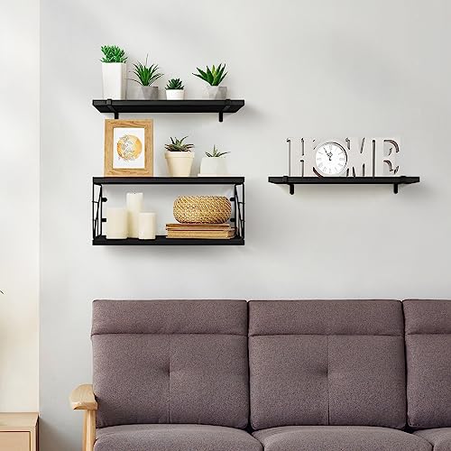 TJ.MOREE Bathroom Shelves Over Toilet Floating Shelves for Wall Rustic with Toilet Paper Wire Basket, Farmhouse Floating Shelf for Bedroom, Living Room, Kitchen, Wall Decoration (Black)