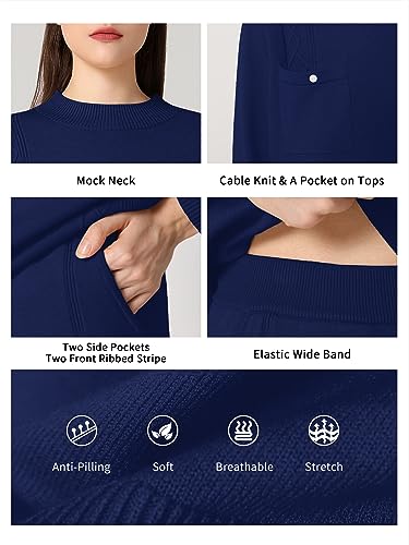 SuperPrity Cozy Knit Lounge Set 2023 Fall Trendy Mock Neck Sweater Sets Womens Plus 2 Piece Outfits Oversized Matching Pants Set Lounge Wear-2XL,Navy Blue