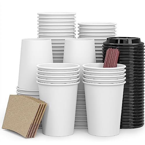 To Go Coffee Cups 12 oz Paper Coffee Cups,120 Pack Disposable Paper Coffee Cup with Lids,Sleeves,Straws,Hot/Cold Beverage Drinking Cup for Water,Juice,Coffee or Tea,Suitable for Home,Shops Cafes