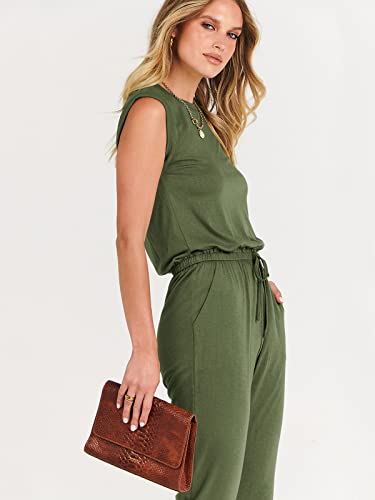 ANRABESS Women Summer Casual Sleeveless Tank Top Elastic Waist Loose Jumpsuit Rompers with Pockets A330junlv-S Army Green