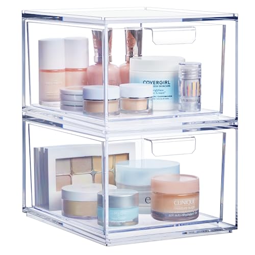 STORi Audrey Stackable Clear Bin Plastic Organizer Drawers | 2 Piece Set | Organize Cosmetics and Beauty Supplies on a Vanity | Made in USA