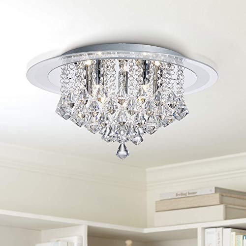 Bestier Modern Chrome Crystal Raindrop Flush Mount Chandelier Lighting LED Ceiling Light Fixture Lamp for Dining Room Bathroom Bedroom Livingroom G9 LED Bulbs Required Diameter 17.7 inch Height 7.5 in